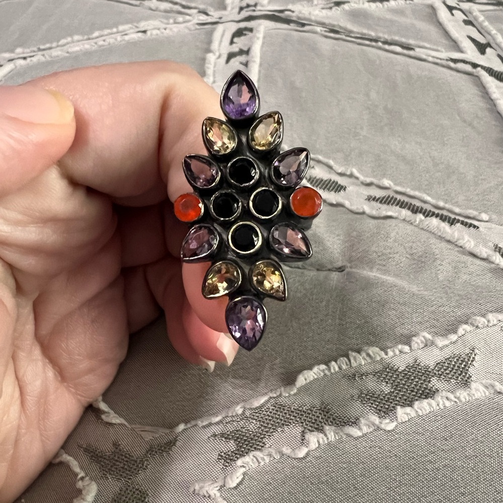 Black onyx, amethyst, citrine, and carnelian gemstone cluster ring